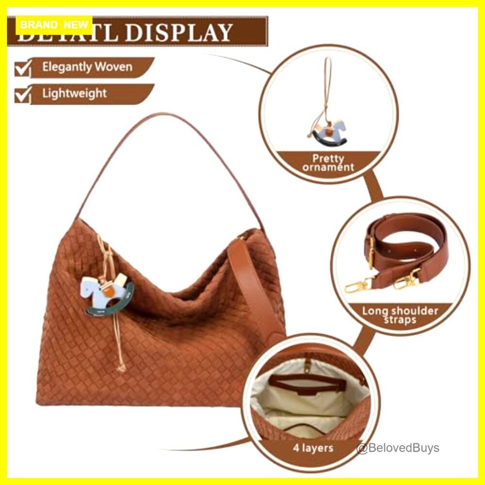 Woven Suede Tote Bag with Detachable Strap, Multi-Pocket Purse - Picture 7 of 7